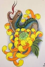 Եվրոպական դպրոցական գույնի օձի քրիզանտեմ դաջվածքների օրինակելի ձեռագիր