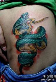 A colorful snake tattoo pattern on the girl's abdomen