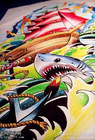 Colored Sailing Shark Anchor Tattoo Manuscript Picture