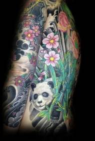 back and arms are vivid Colored panda tattoo pattern