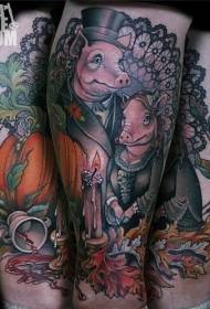 Bela fabelo kolora porka familio tatuaje ŝablono
