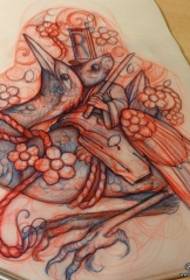 traditional crane mouse flower tattoo pattern manuscript