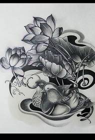 Mandarine Ente Lotus Skizze Manuskript Tattoo Muster Bild