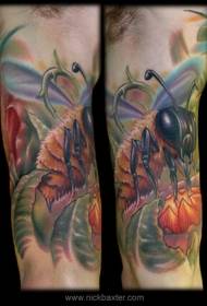 big arm color bee flower tattoo pattern