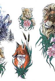 pattern ng tattoo ng hayop: Wolf lion leopon fox tattoo pattern ng larawan
