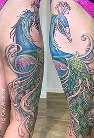 Stehno barevný páv tetování vzor