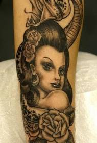Female Portrait and Snake Rose Black Tattoo Pattern
