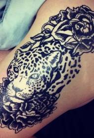 черна черна роза и леопардова татуировка снимка 135026 - крак модерен Стилен цветна човешка леопардова татуировка