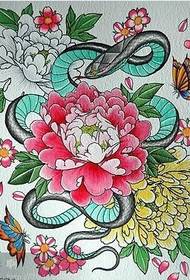 뱀 모란 꽃 문신 패턴