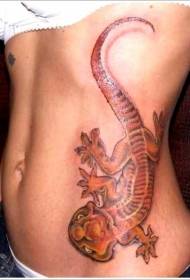 女性腰侧彩色大蜥蜴纹身图案