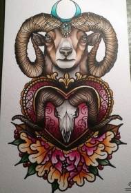 European and American sheep head peony flower tattoo pattern manuscript