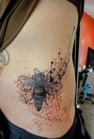 side rib black bee and red honeycomb tattoo pattern