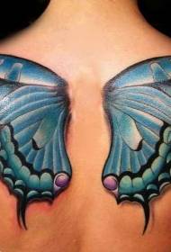 Lindo patrón de tatuaje de alas de mariposa azul en la parte posterior