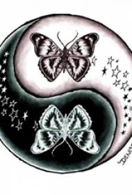 Skica e zezë dhe gri skematike letrare e bukur e fluturës yin dhe yang dhe dorëshkrim tatuazhesh thashetheme