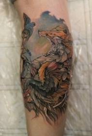 Illustration style colored birds and evil fox tattoo pattern