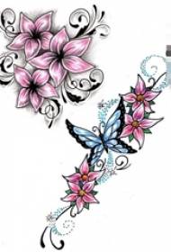 彩色的植物藤花朵和蝴蝶纹身手稿素材