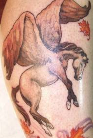 Dath cosa Pegasus agus duilleoga tite ag fágáil pictiúir tattoo