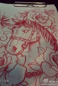 Color horse rose tattoo line drawing pattern
