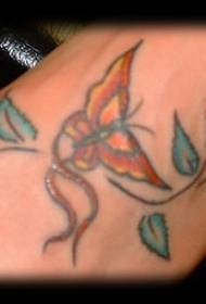 Golden butterfly and leaves instep tattoo pattern
