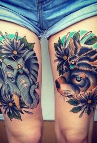 стегнова собака і слон неймовірний різнокольоровий візерунок татуювання