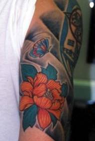 Arm Asian style butterfly flower color tattoo pattern