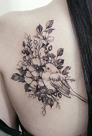 Girl back ink flower and bird tattoo pattern