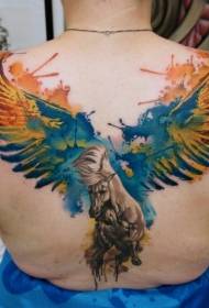 Back watercolor painting style funny Pegasus tattoo