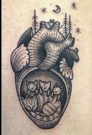 La línea negra simple pica el patrón del tatuaje de la familia del zorro y el corazón