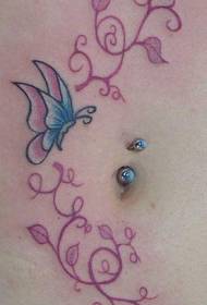 浅粉色藤蔓和蓝蝴蝶纹身图案