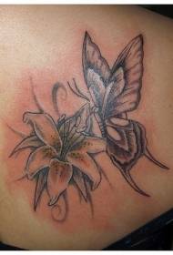 Black and gray tattoo pattern with lilies and butterflies
