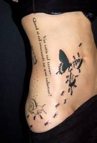 Belly black ant eating butterfly letter tattoo pattern