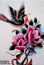 Ang makulay na rosas na lunok ng pattern ng manuskrito ng tattoo ng tattoo