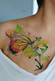 Clavicle akvarel motýl s květinový vzor tetování