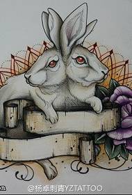 Imatge de manuscrit de tatuatge de conill de color doble cap de rosa