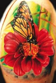 나비와 붉은 꽃 문신 패턴