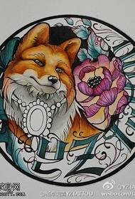 彩色狐狸玫瑰紋身手稿圖案