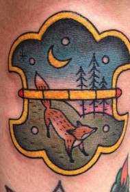 Arm ancient colored fox in forest tattoo pattern
