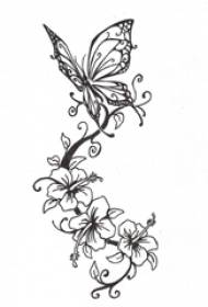 Dòng trừu tượng màu đen đơn giản thực vật hoa và bướm hình xăm bản thảo