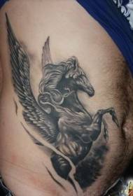Pilkos spalvos juodo arklio „Pegasus“ tatuiruotės paveikslas juosmens srityje