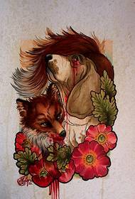 Μόδα καλοψημένο πολύχρωμο αλεπού τεριέ σκύλο λουλούδι τατουάζ χειρογράφημα εικόνα εικόνα
