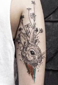 a set of 9 pictures of a group of small rabbit tattoos in black and gray