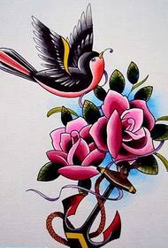 彩色玫瑰錨燕子紋身作品圖片