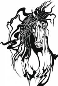 Melnas līnijas skice zirga dzīvnieka tetovējuma manuskriptam dominējošā galopā