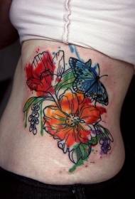 Flores de color de costilla lateral y patrón de tatuaje de mariposa