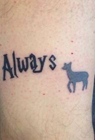 Minimalistic black fawn silhouette with letter tattoo pattern