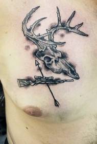 Chest black gray style little skull with rifle arrow tattoo pattern