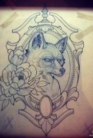 European and American school peony flower fox tattoo pattern manuscript