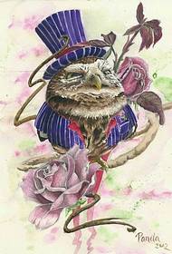 Klassinen muoti hyvännäköinen pöllö ruusu tatuointi käsikirjoitettu kuva