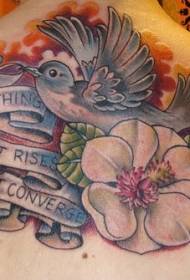 Nugaros mėlynos paukščių ir gėlių abėcėlės tatuiruotės modelis