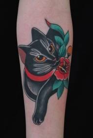 Παλιά σχολείο μαύρη γάτα και κόκκινο τατουάζ μοτίβο λουλουδιών